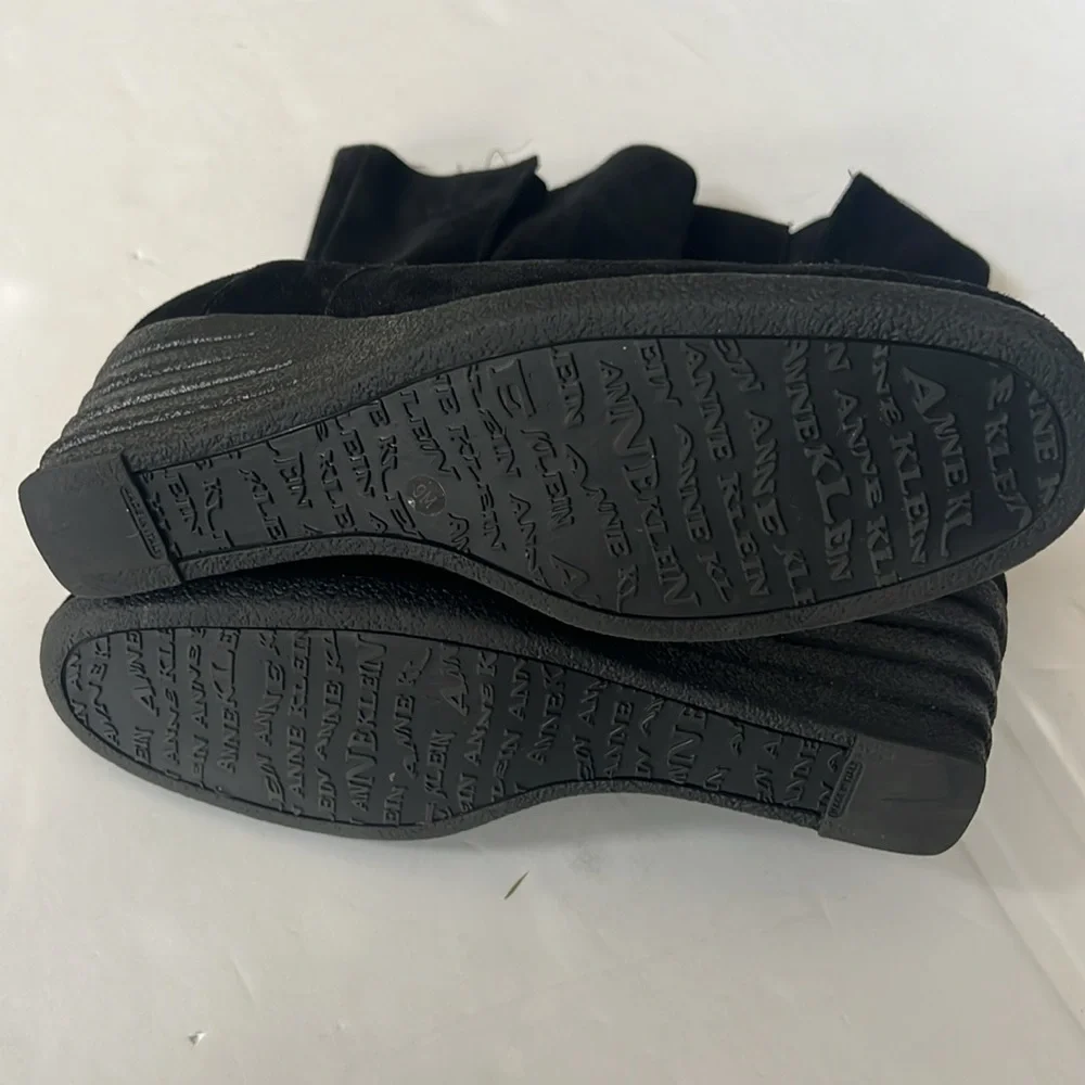 Anne Klein Black Suede Zippered Side Wedged Heel Boots